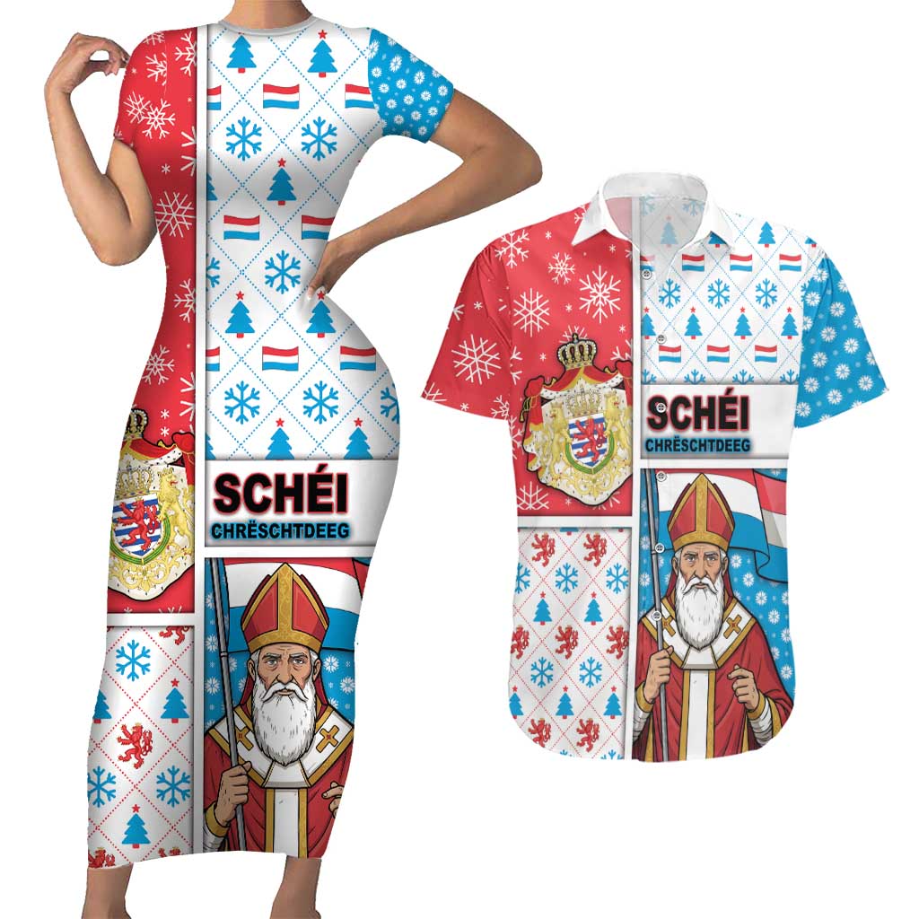 Luxembourg Christmas Couples Matching Short Sleeve Bodycon Dress and Hawaiian Shirt Kleeschen With Xmas Patterns - Wonder Print Shop