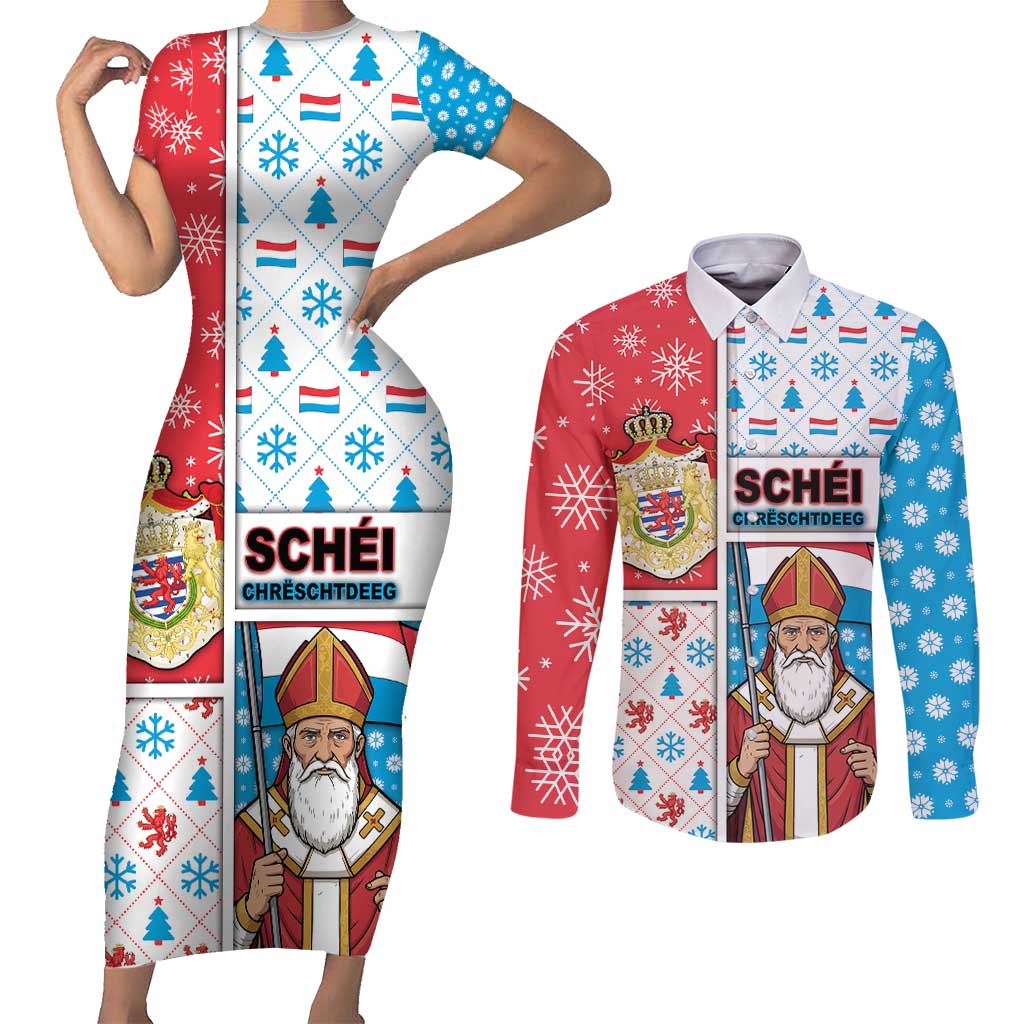 Luxembourg Christmas Couples Matching Short Sleeve Bodycon Dress and Long Sleeve Button Shirt Kleeschen With Xmas Patterns - Wonder Print Shop