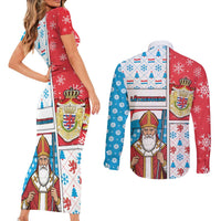 Luxembourg Christmas Couples Matching Short Sleeve Bodycon Dress and Long Sleeve Button Shirt Kleeschen With Xmas Patterns - Wonder Print Shop