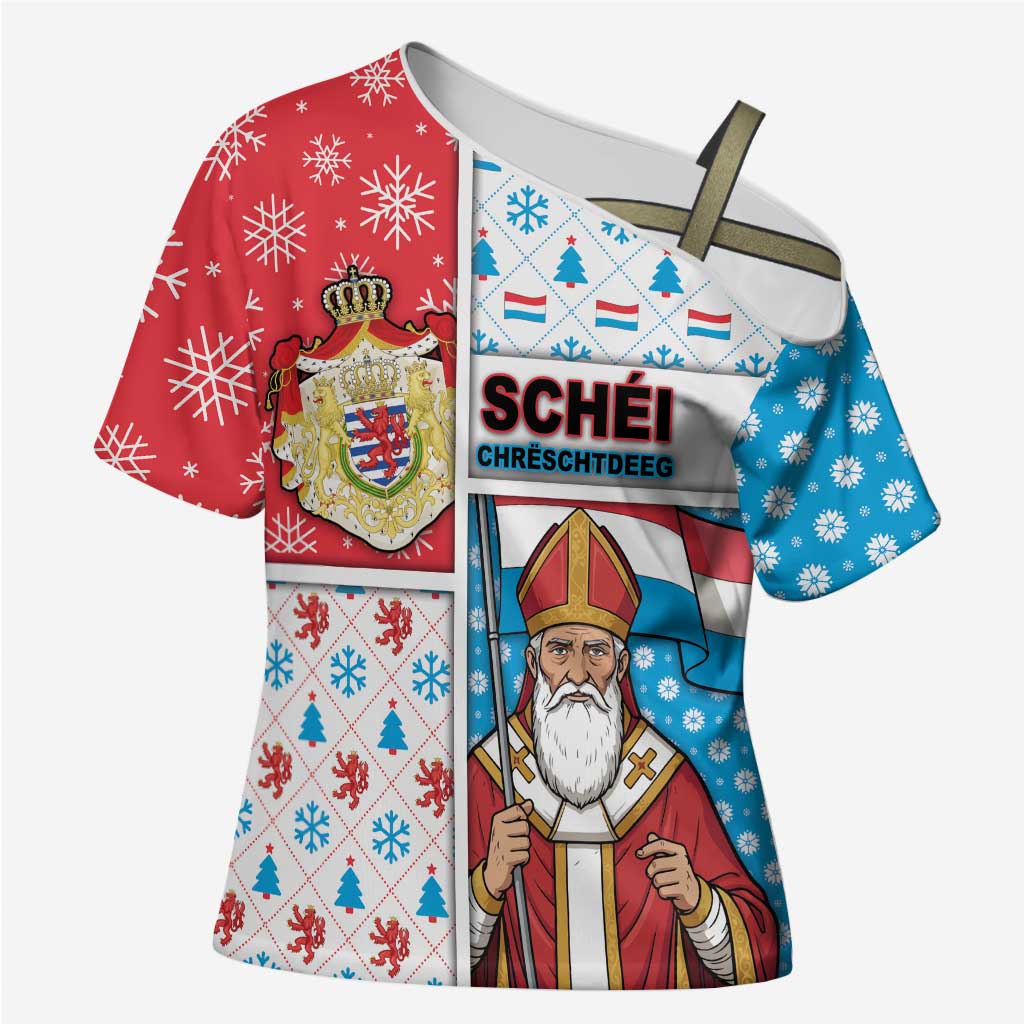 Luxembourg Christmas Cross Shoulder Shirt Kleeschen With Xmas Patterns - Wonder Print Shop