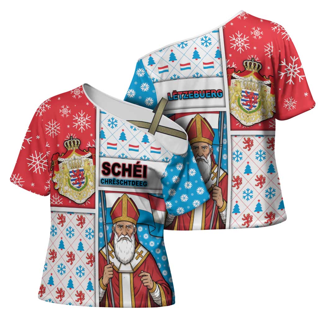 Luxembourg Christmas Cross Shoulder Shirt Kleeschen With Xmas Patterns - Wonder Print Shop