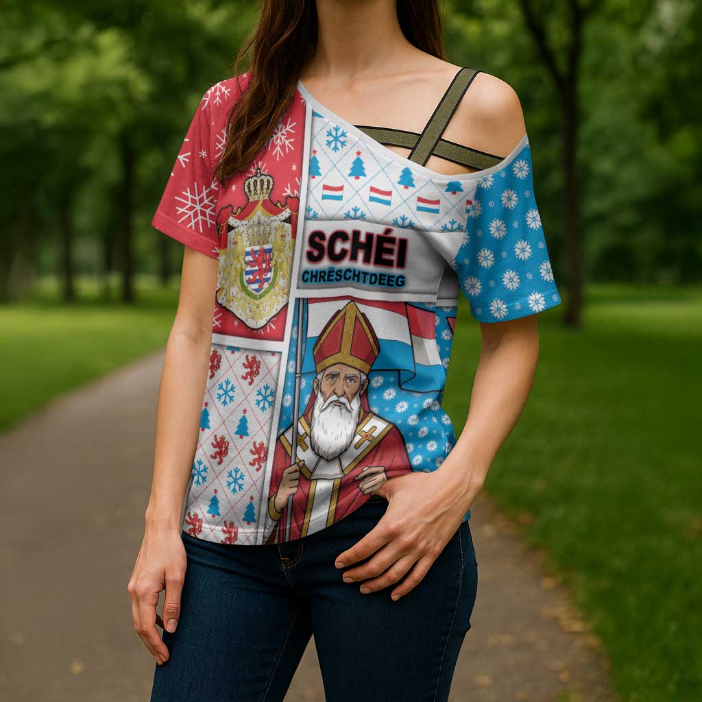 Luxembourg Christmas Cross Shoulder Shirt Kleeschen With Xmas Patterns - Wonder Print Shop