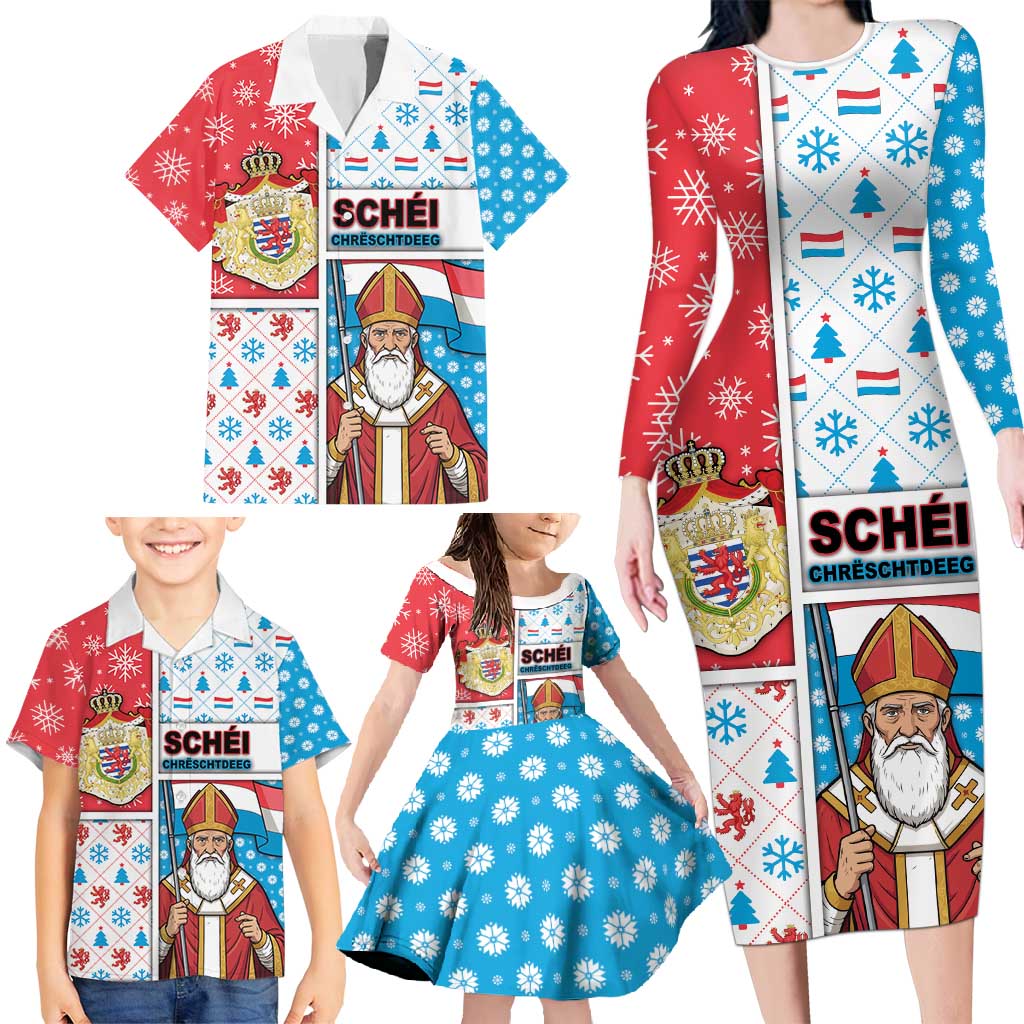 Luxembourg Christmas Family Matching Long Sleeve Bodycon Dress and Hawaiian Shirt Kleeschen With Xmas Patterns - Wonder Print Shop