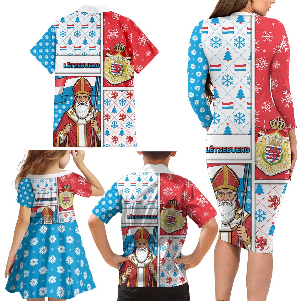 Luxembourg Christmas Family Matching Long Sleeve Bodycon Dress and Hawaiian Shirt Kleeschen With Xmas Patterns - Wonder Print Shop