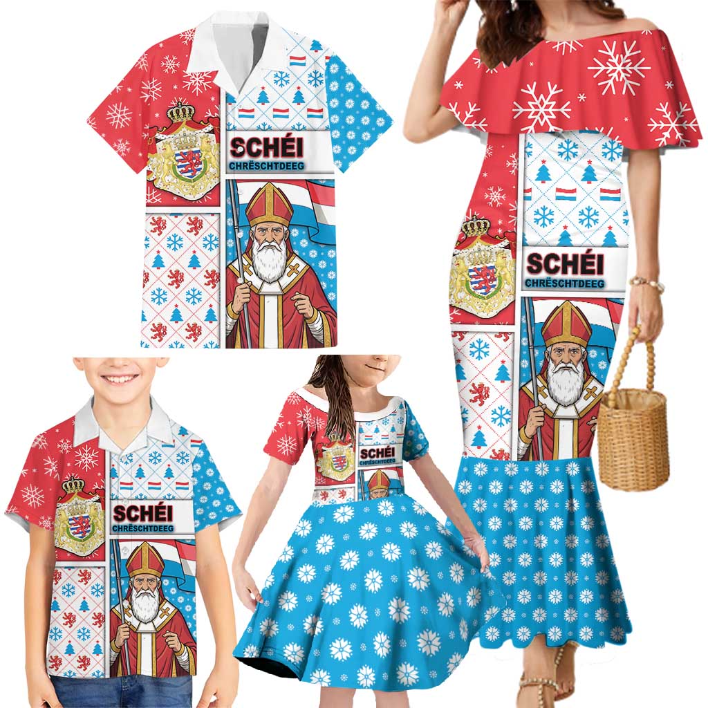 Luxembourg Christmas Family Matching Mermaid Dress and Hawaiian Shirt Kleeschen With Xmas Patterns - Wonder Print Shop