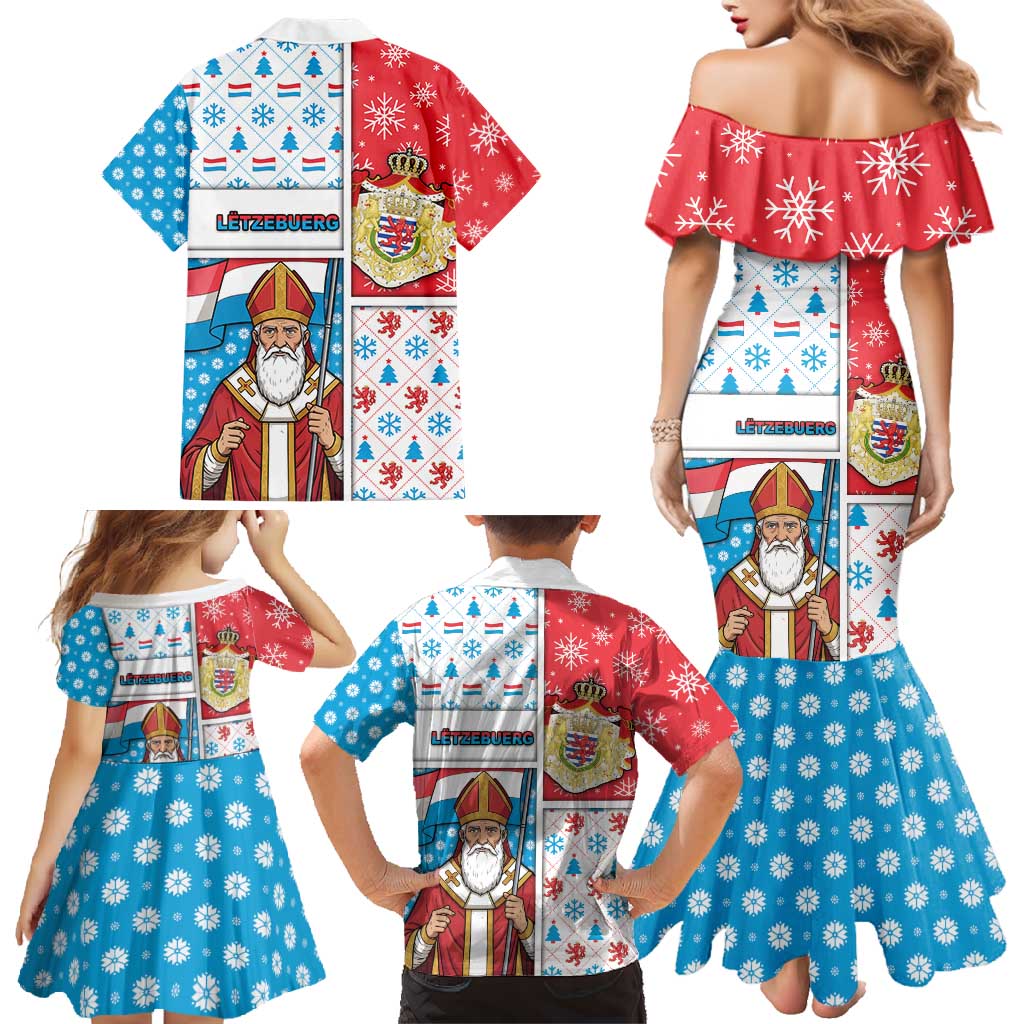 Luxembourg Christmas Family Matching Mermaid Dress and Hawaiian Shirt Kleeschen With Xmas Patterns - Wonder Print Shop