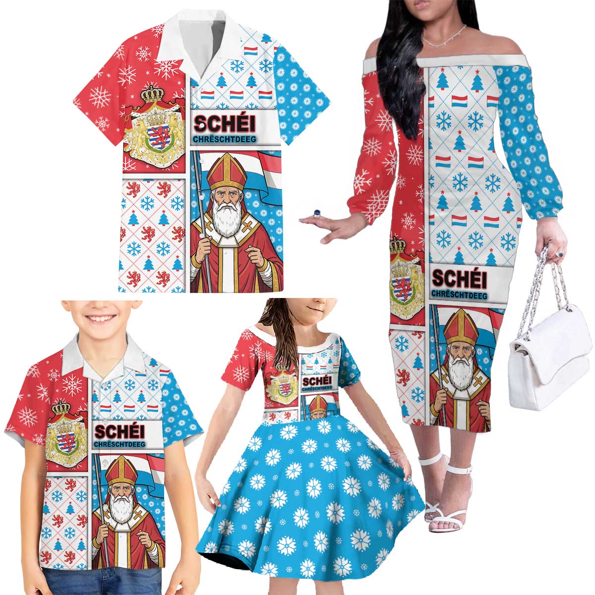 Luxembourg Christmas Family Matching Off The Shoulder Long Sleeve Dress and Hawaiian Shirt Kleeschen With Xmas Patterns - Wonder Print Shop