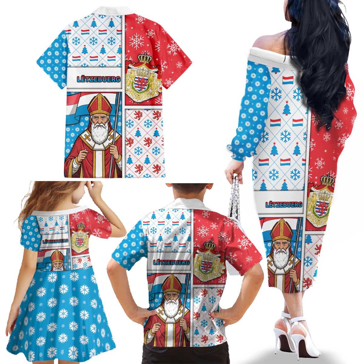 Luxembourg Christmas Family Matching Off The Shoulder Long Sleeve Dress and Hawaiian Shirt Kleeschen With Xmas Patterns - Wonder Print Shop