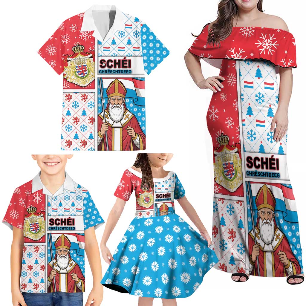 Luxembourg Christmas Family Matching Off Shoulder Maxi Dress and Hawaiian Shirt Kleeschen With Xmas Patterns - Wonder Print Shop