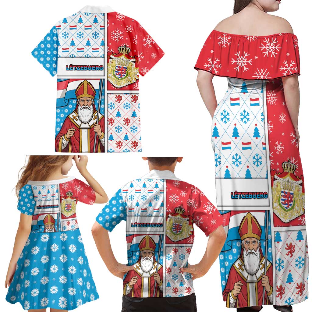 Luxembourg Christmas Family Matching Off Shoulder Maxi Dress and Hawaiian Shirt Kleeschen With Xmas Patterns - Wonder Print Shop