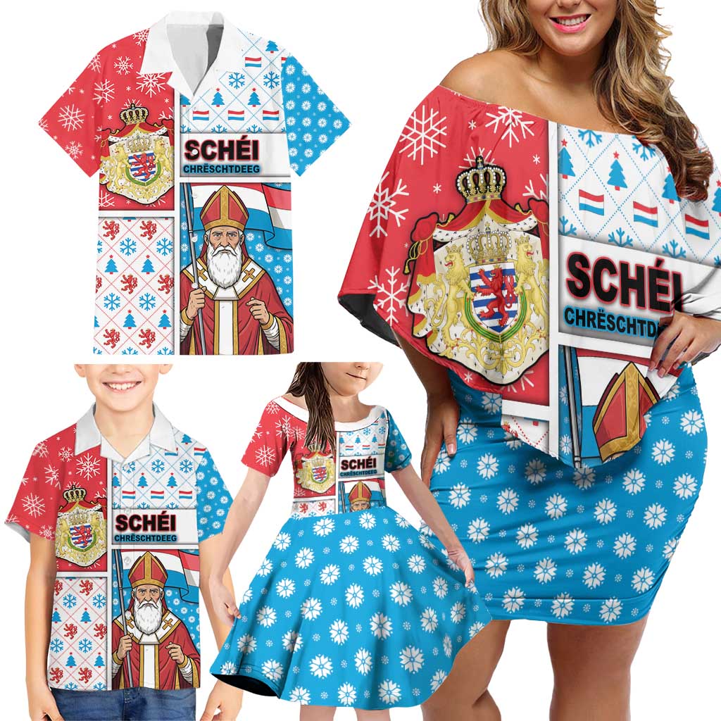 Luxembourg Christmas Family Matching Off Shoulder Short Dress and Hawaiian Shirt Kleeschen With Xmas Patterns - Wonder Print Shop