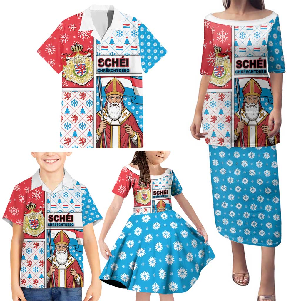 Luxembourg Christmas Family Matching Puletasi and Hawaiian Shirt Kleeschen With Xmas Patterns - Wonder Print Shop