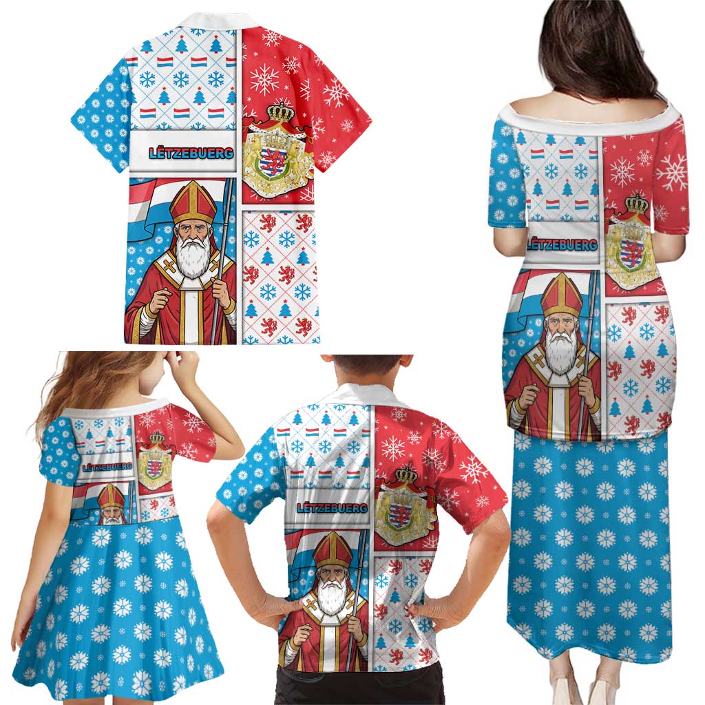 Luxembourg Christmas Family Matching Puletasi and Hawaiian Shirt Kleeschen With Xmas Patterns - Wonder Print Shop
