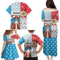 Luxembourg Christmas Family Matching Puletasi and Hawaiian Shirt Kleeschen With Xmas Patterns - Wonder Print Shop