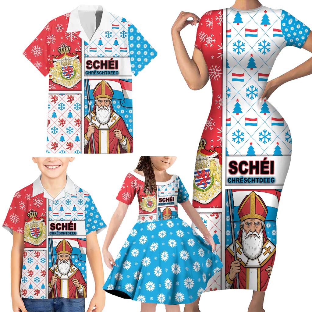 Luxembourg Christmas Family Matching Short Sleeve Bodycon Dress and Hawaiian Shirt Kleeschen With Xmas Patterns - Wonder Print Shop