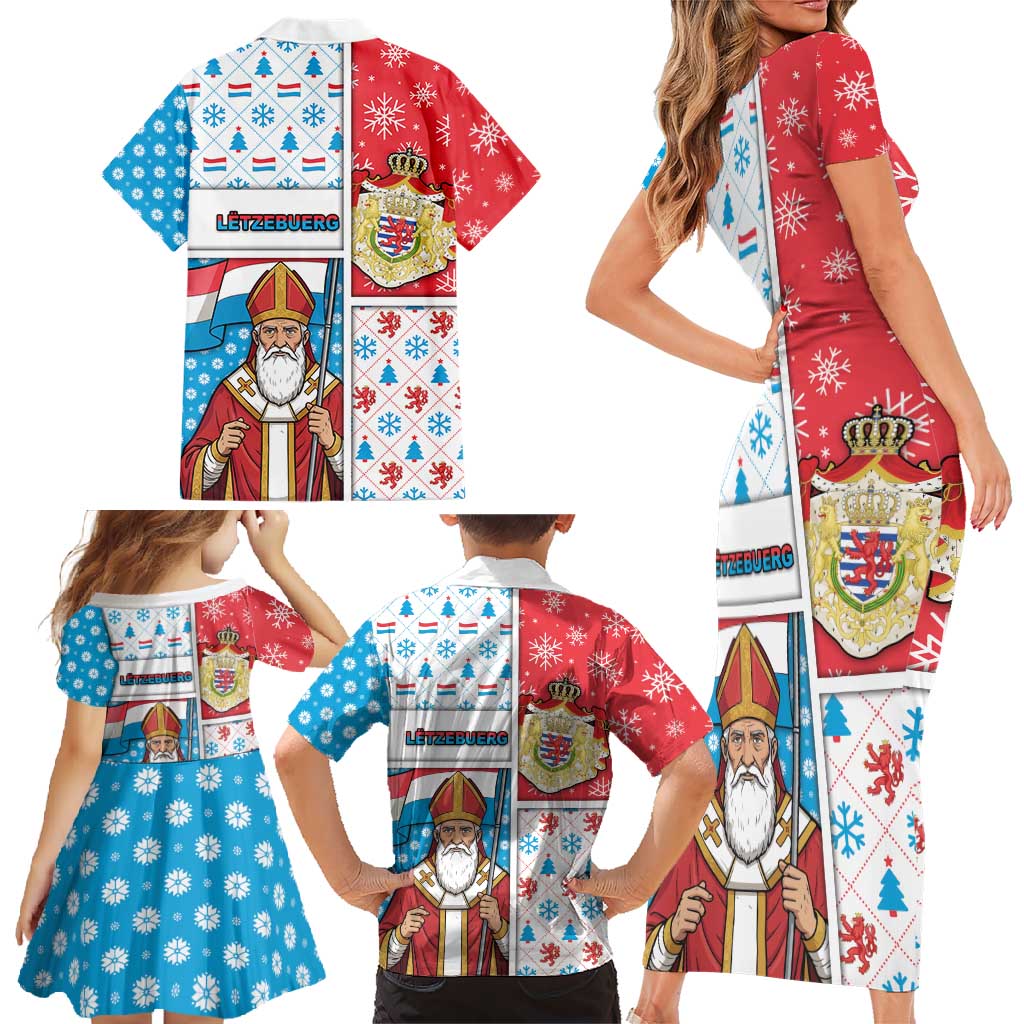 Luxembourg Christmas Family Matching Short Sleeve Bodycon Dress and Hawaiian Shirt Kleeschen With Xmas Patterns - Wonder Print Shop