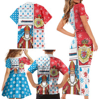 Luxembourg Christmas Family Matching Short Sleeve Bodycon Dress and Hawaiian Shirt Kleeschen With Xmas Patterns - Wonder Print Shop