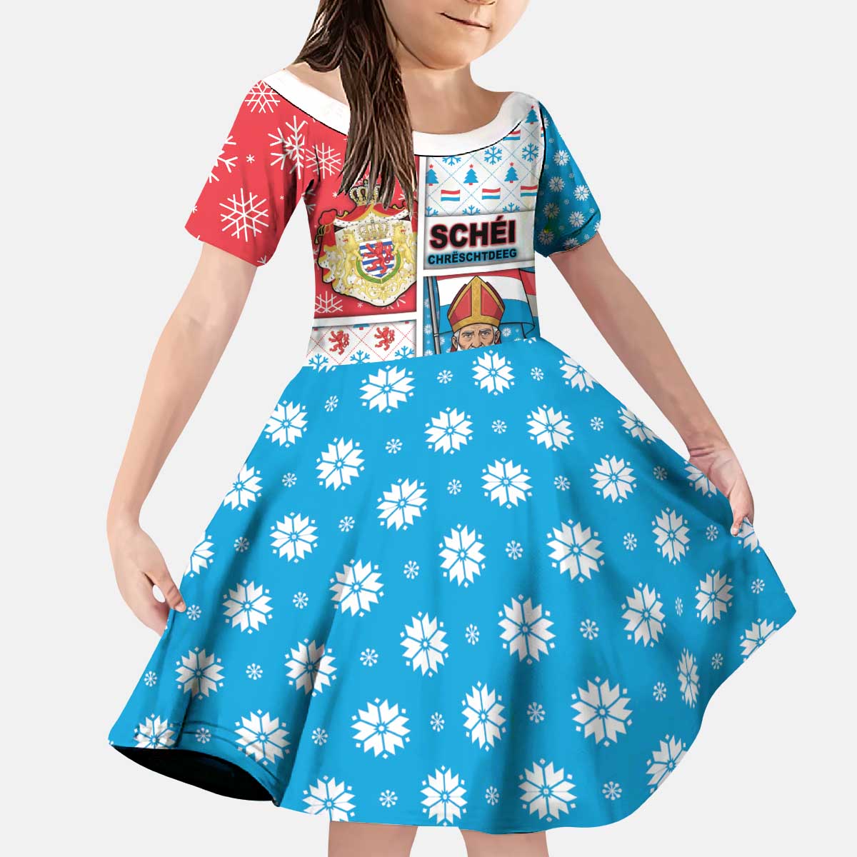 Luxembourg Christmas Kid Short Sleeve Dress Kleeschen With Xmas Patterns - Wonder Print Shop