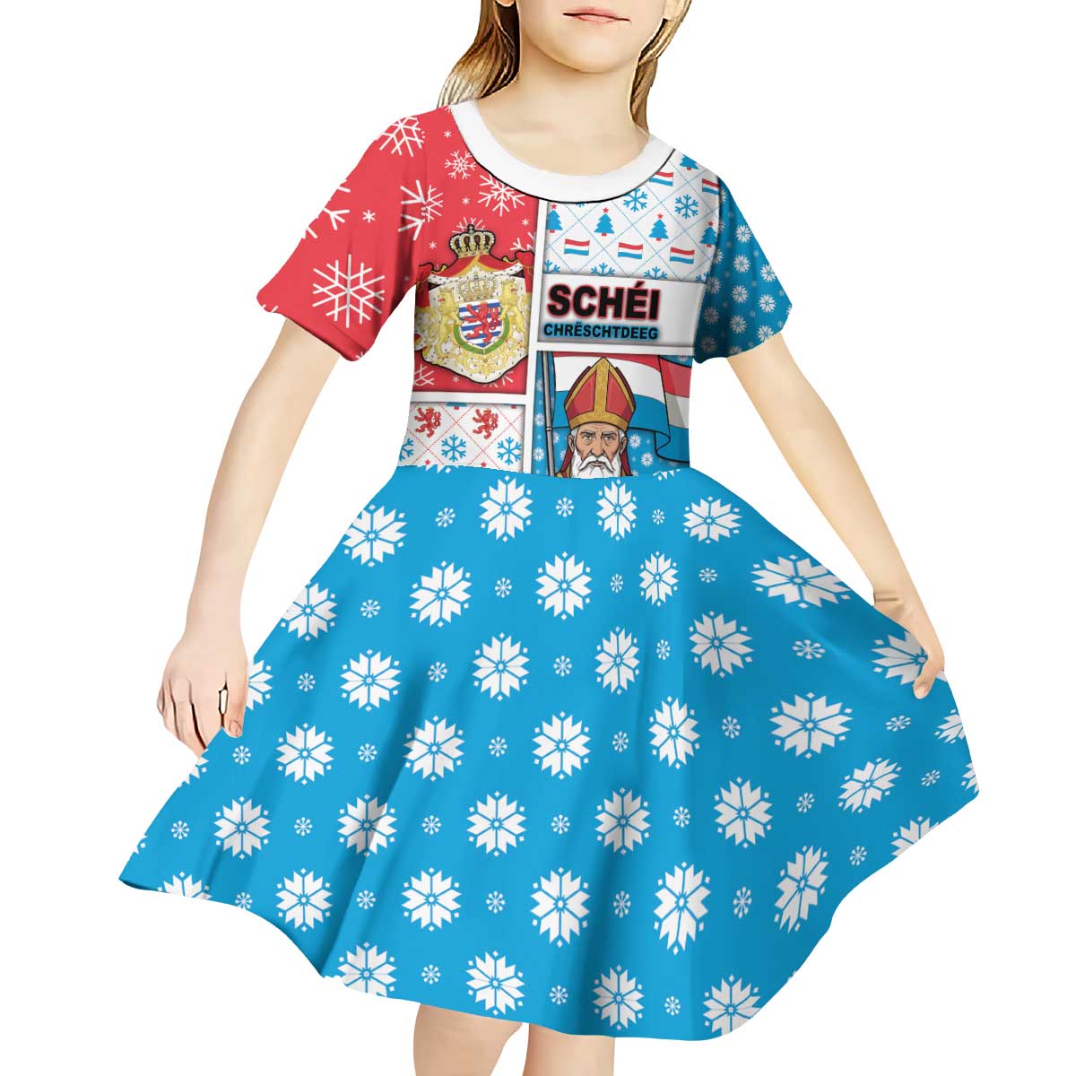 Luxembourg Christmas Kid Short Sleeve Dress Kleeschen With Xmas Patterns - Wonder Print Shop
