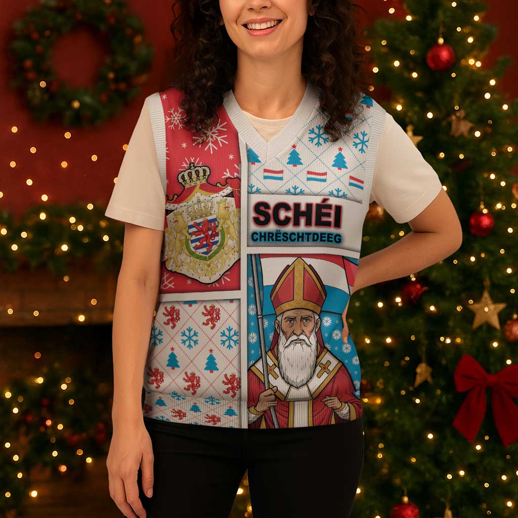 Luxembourg Christmas Knitted V-Neck Vest Kleeschen With Xmas Patterns - Wonder Print Shop