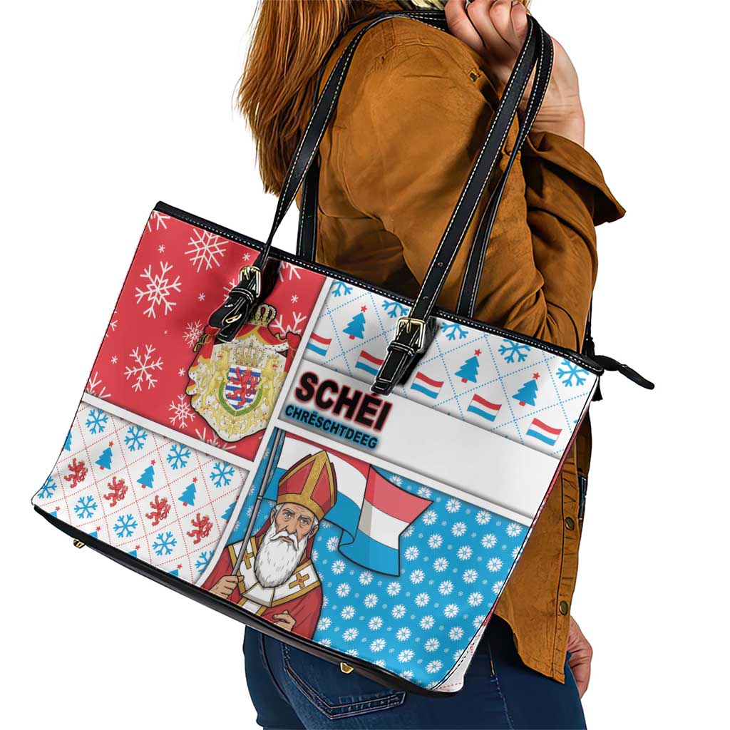 Luxembourg Christmas Leather Tote Bag Kleeschen With Xmas Patterns - Wonder Print Shop