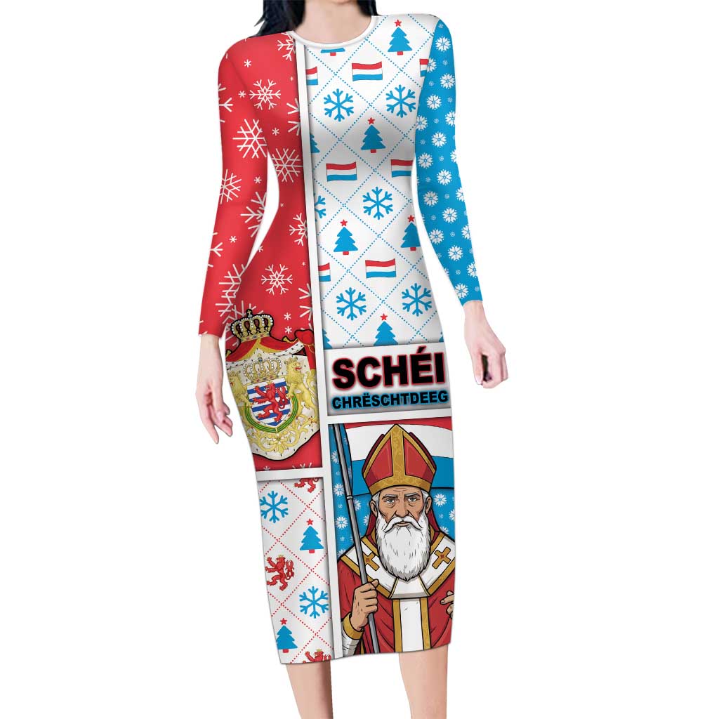 Luxembourg Christmas Long Sleeve Bodycon Dress Kleeschen With Xmas Patterns - Wonder Print Shop