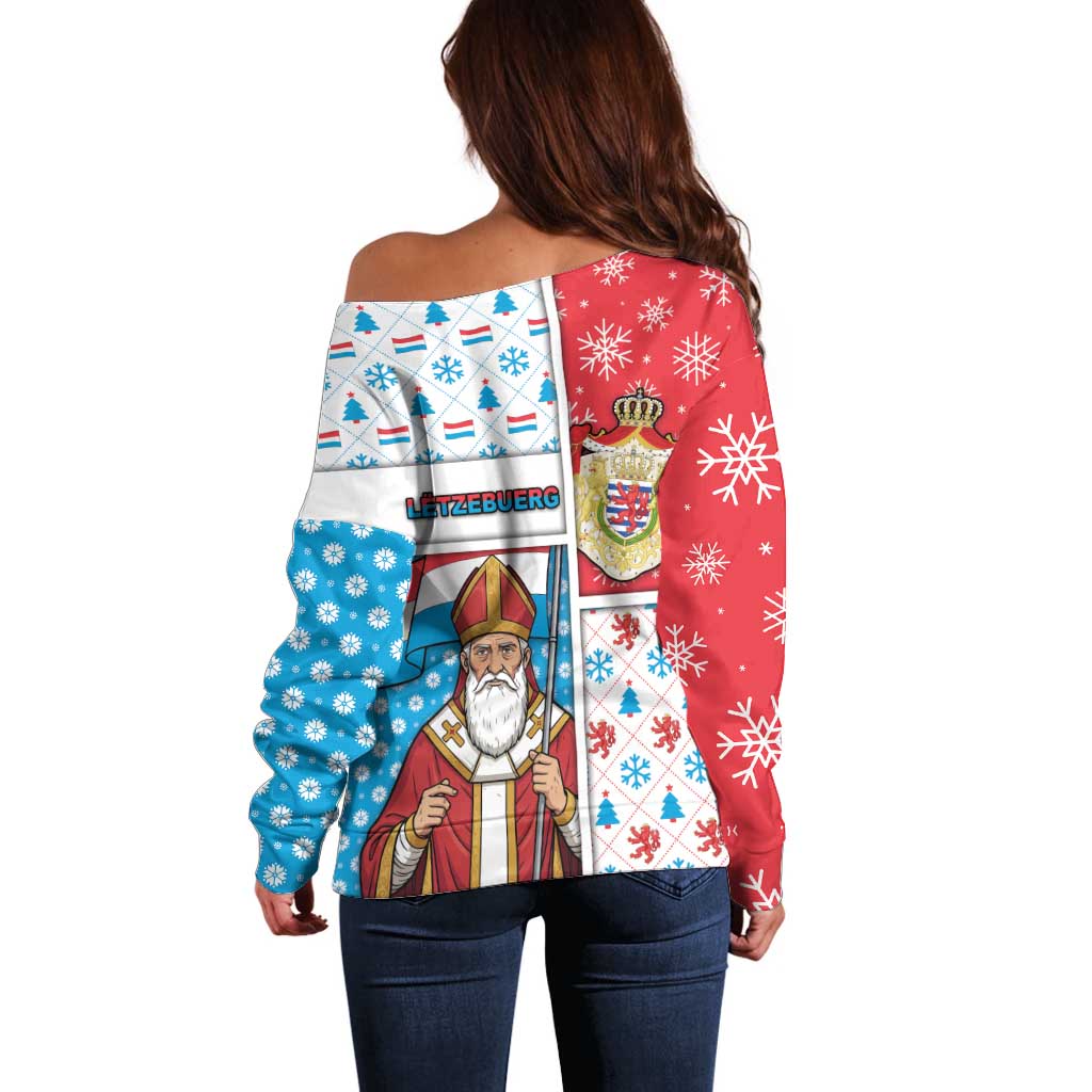 Luxembourg Christmas Off Shoulder Sweater Kleeschen With Xmas Patterns - Wonder Print Shop