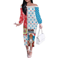 Luxembourg Christmas Off The Shoulder Long Sleeve Dress Kleeschen With Xmas Patterns - Wonder Print Shop