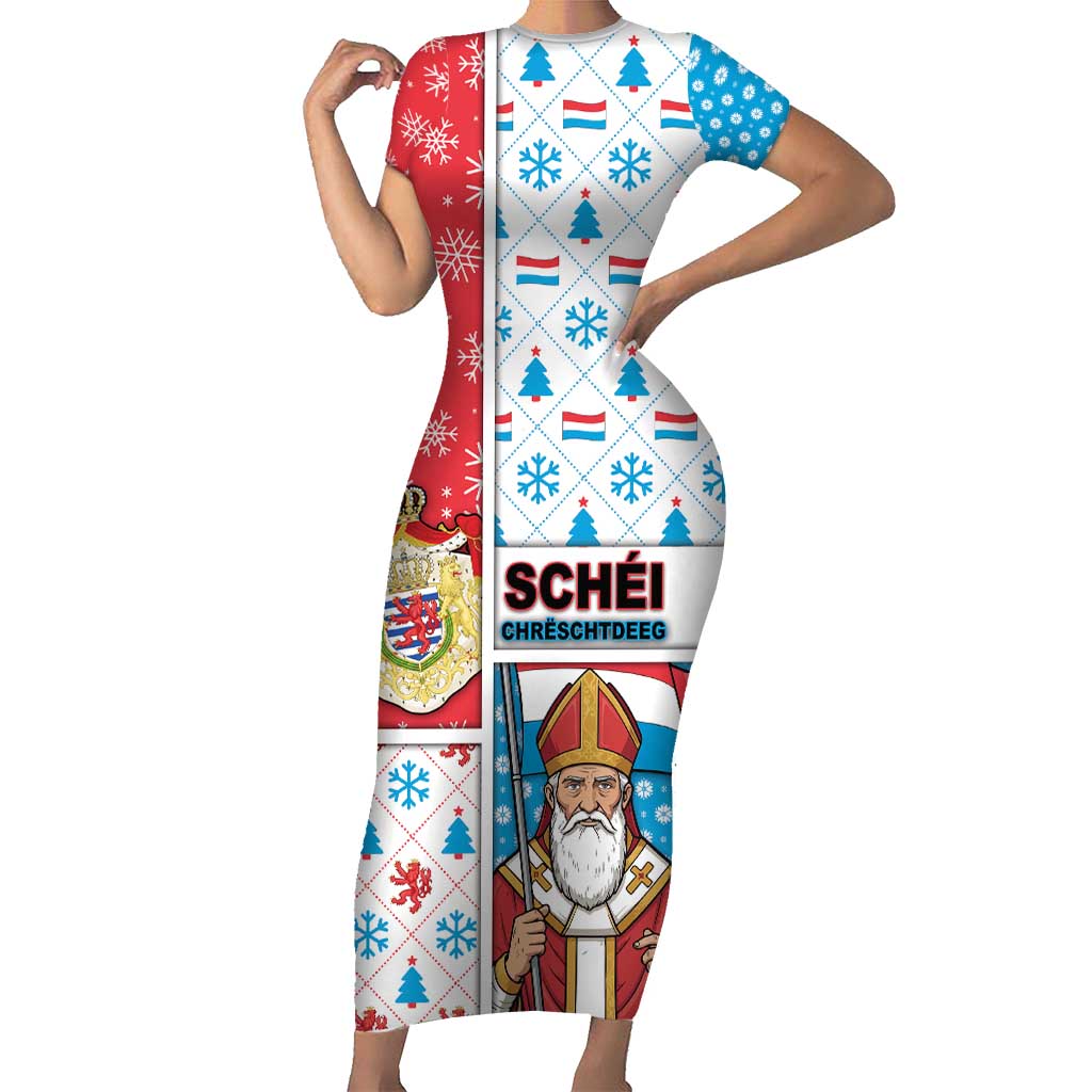 Luxembourg Christmas Short Sleeve Bodycon Dress Kleeschen With Xmas Patterns - Wonder Print Shop