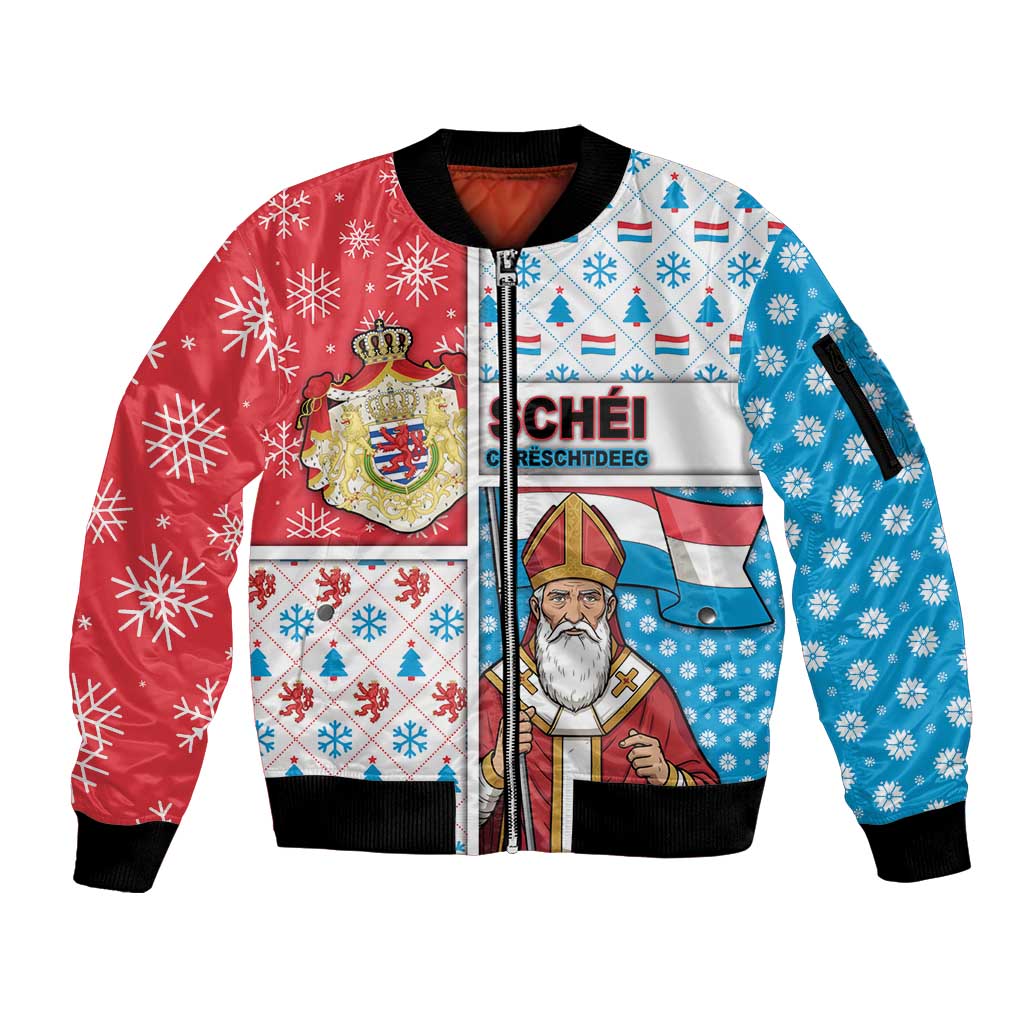 Luxembourg Christmas Sleeve Zip Bomber Jacket Kleeschen With Xmas Patterns - Wonder Print Shop