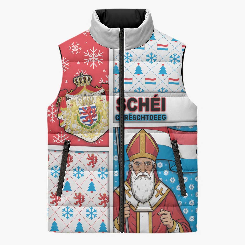 Luxembourg Christmas Sleeveless Puffer Jacket Kleeschen With Xmas Patterns - Wonder Print Shop