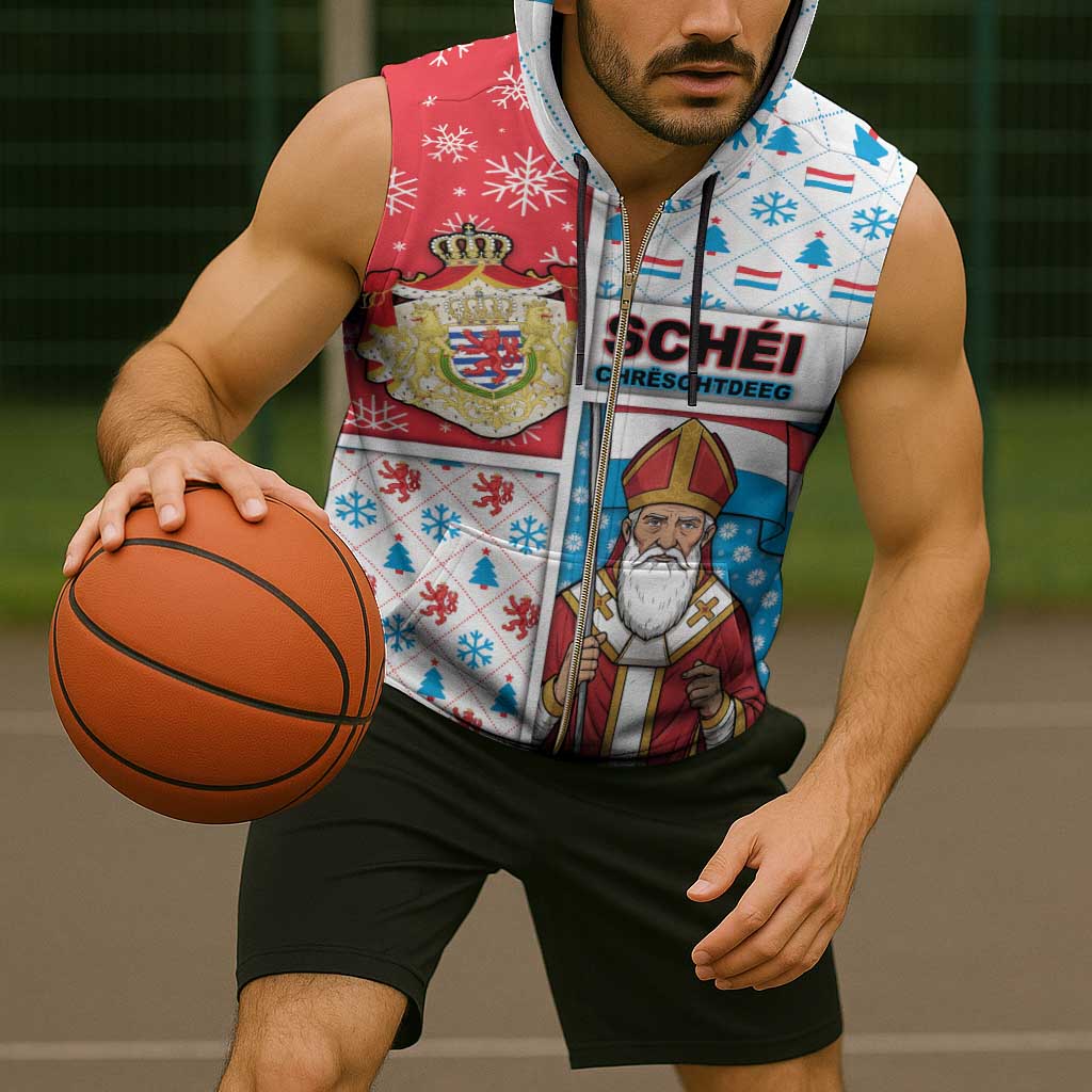 Luxembourg Christmas Sleeveless Zip Hoodie Kleeschen With Xmas Patterns - Wonder Print Shop