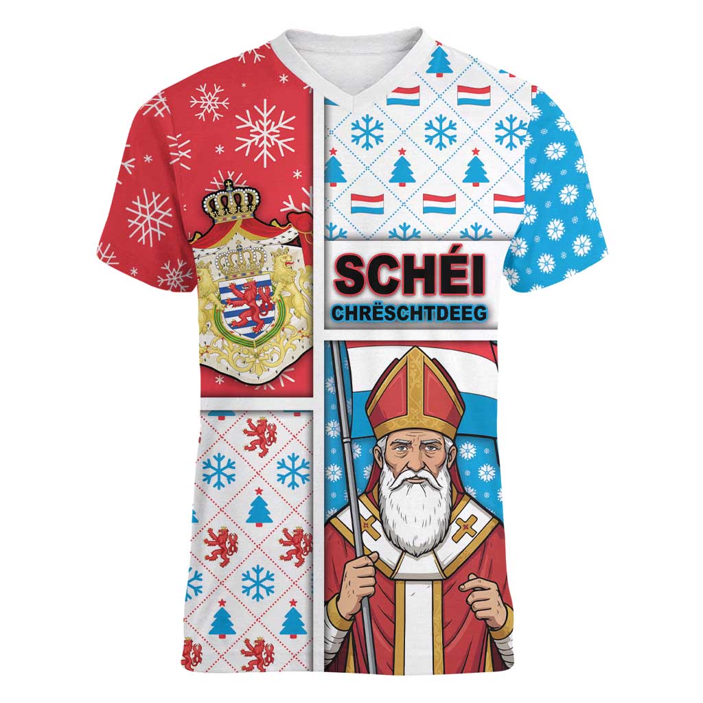 Luxembourg Christmas Women V-Neck T-Shirt Kleeschen With Xmas Patterns - Wonder Print Shop