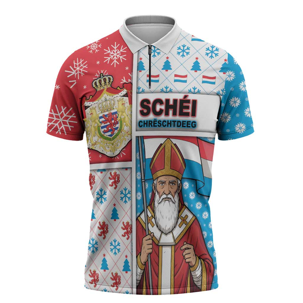 Luxembourg Christmas Zipper Polo Shirt Kleeschen With Xmas Patterns - Wonder Print Shop