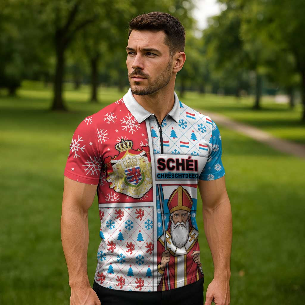 Luxembourg Christmas Zipper Polo Shirt Kleeschen With Xmas Patterns - Wonder Print Shop