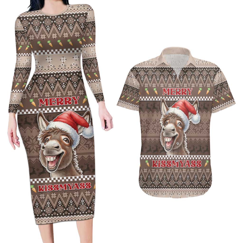 Donkey Christmas Couples Matching Long Sleeve Bodycon Dress and Hawaiian Shirt Merry Kiss My Ass - Wonder Print Shop