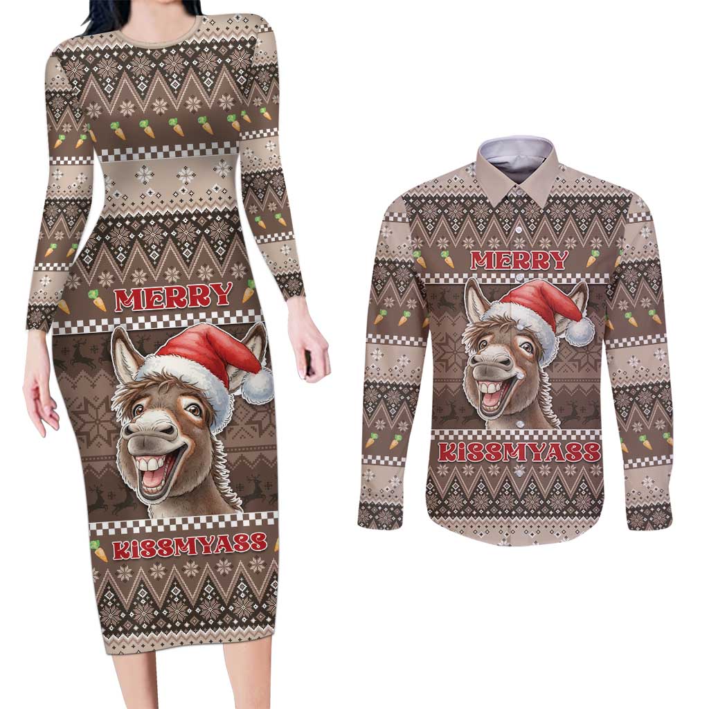 Donkey Christmas Couples Matching Long Sleeve Bodycon Dress and Long Sleeve Button Shirt Merry Kiss My Ass - Wonder Print Shop