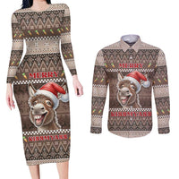 Donkey Christmas Couples Matching Long Sleeve Bodycon Dress and Long Sleeve Button Shirt Merry Kiss My Ass - Wonder Print Shop