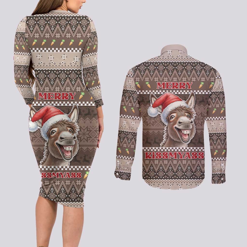 Donkey Christmas Couples Matching Long Sleeve Bodycon Dress and Long Sleeve Button Shirt Merry Kiss My Ass - Wonder Print Shop