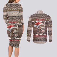 Donkey Christmas Couples Matching Long Sleeve Bodycon Dress and Long Sleeve Button Shirt Merry Kiss My Ass - Wonder Print Shop