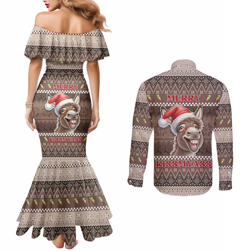 Donkey Christmas Couples Matching Mermaid Dress and Long Sleeve Button Shirt Merry Kiss My Ass - Wonder Print Shop