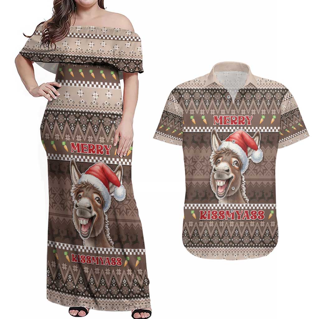 Donkey Christmas Couples Matching Off Shoulder Maxi Dress and Hawaiian Shirt Merry Kiss My Ass - Wonder Print Shop