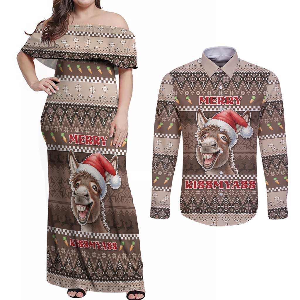 Donkey Christmas Couples Matching Off Shoulder Maxi Dress and Long Sleeve Button Shirt Merry Kiss My Ass - Wonder Print Shop