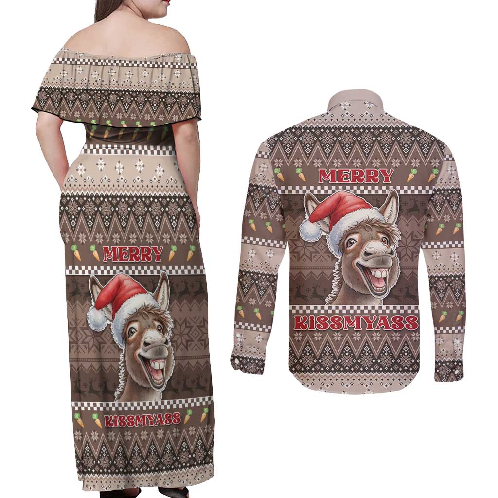 Donkey Christmas Couples Matching Off Shoulder Maxi Dress and Long Sleeve Button Shirt Merry Kiss My Ass - Wonder Print Shop