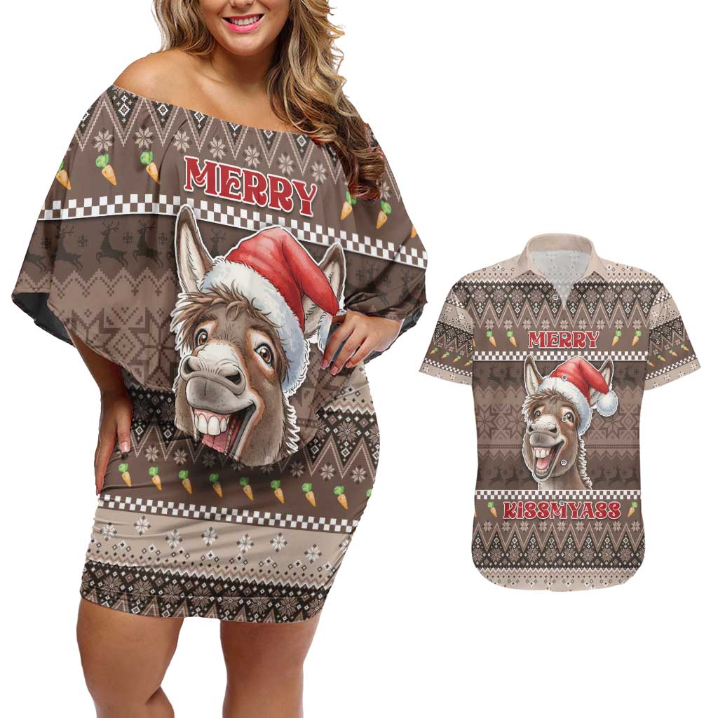 Donkey Christmas Couples Matching Off Shoulder Short Dress and Hawaiian Shirt Merry Kiss My Ass - Wonder Print Shop