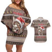 Donkey Christmas Couples Matching Off Shoulder Short Dress and Hawaiian Shirt Merry Kiss My Ass - Wonder Print Shop