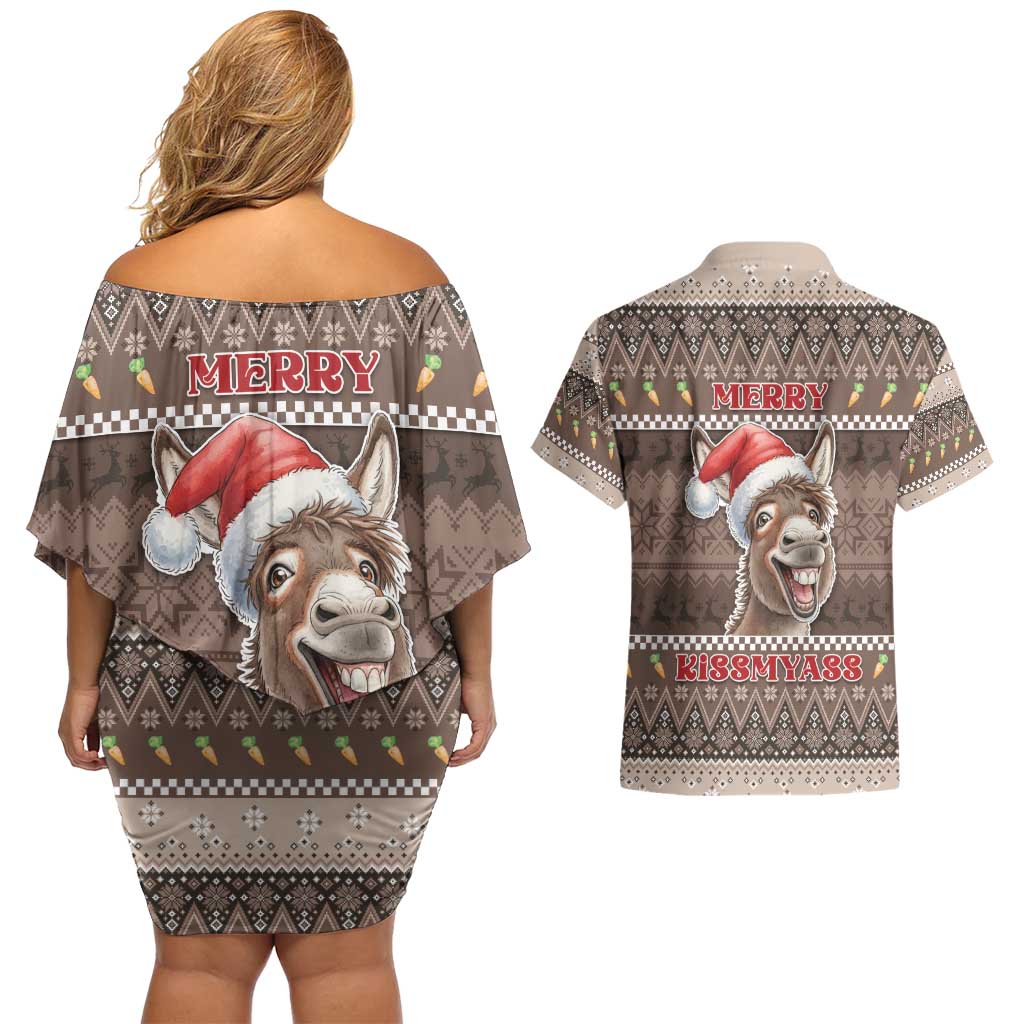 Donkey Christmas Couples Matching Off Shoulder Short Dress and Hawaiian Shirt Merry Kiss My Ass - Wonder Print Shop