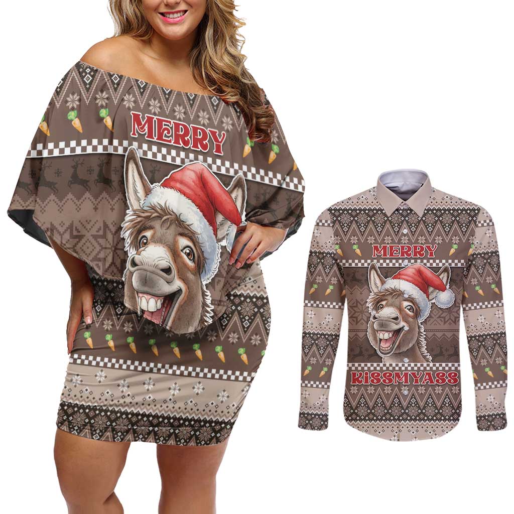Donkey Christmas Couples Matching Off Shoulder Short Dress and Long Sleeve Button Shirt Merry Kiss My Ass - Wonder Print Shop