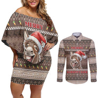 Donkey Christmas Couples Matching Off Shoulder Short Dress and Long Sleeve Button Shirt Merry Kiss My Ass - Wonder Print Shop