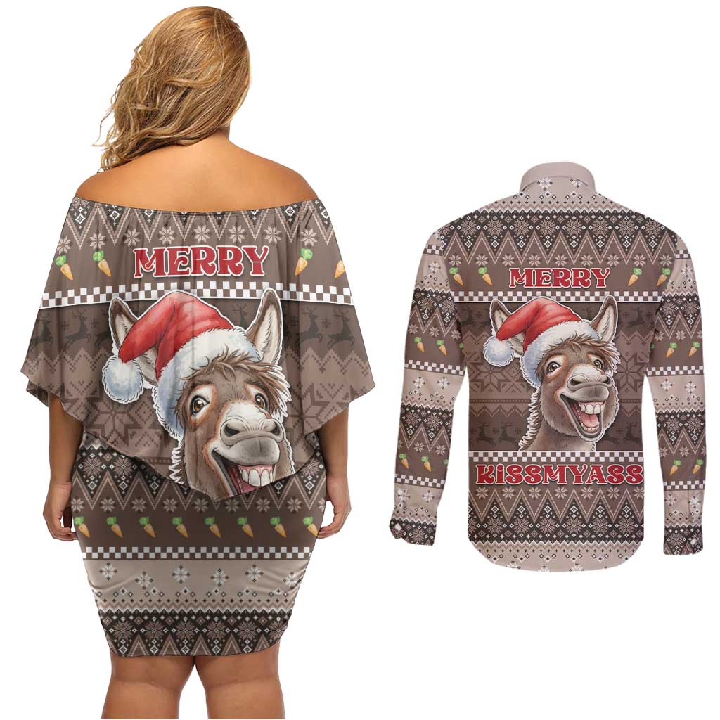Donkey Christmas Couples Matching Off Shoulder Short Dress and Long Sleeve Button Shirt Merry Kiss My Ass - Wonder Print Shop